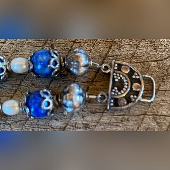 Vintage Bracelet Women’s 7” Sterling Silver 925 Blue Lapis Lazuli Pearls - Picture 4 of 5